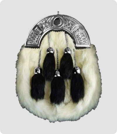 Chrome Celtic Cantle White Rabbit Fur Sporran With 5 Black Fur Tassels