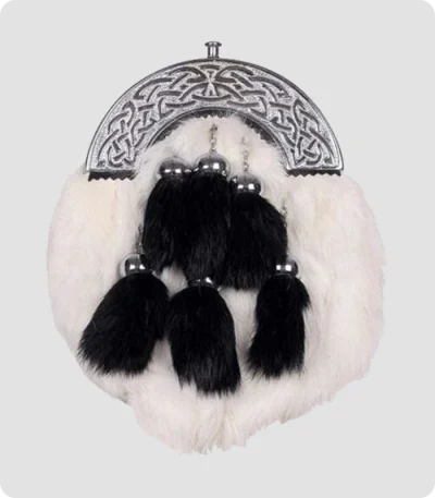 Chrome Celtic Cantle White Rabbit Fur Sporran With 6 Black Fur Tassels