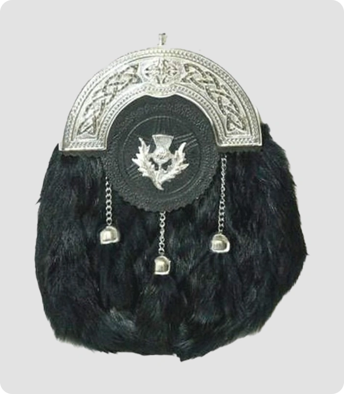 Chrome Plain Celtic Thistle Targe Black Rabbit Fur Sporran