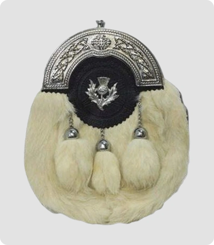 Chrome Plain CelticThistl Targe White Rabbit Fur Sporran