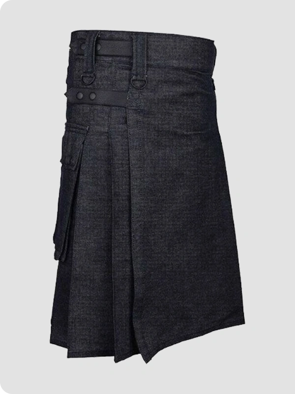 Custom Made Active Men Denim Utility Kilt Side
