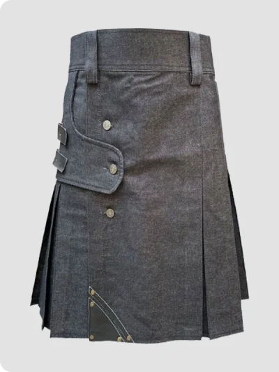 Custom Made Black Denim Leather Strap Kilt