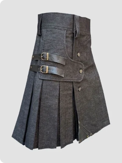 Custom Made Black Denim Leather Strap Kilt Side