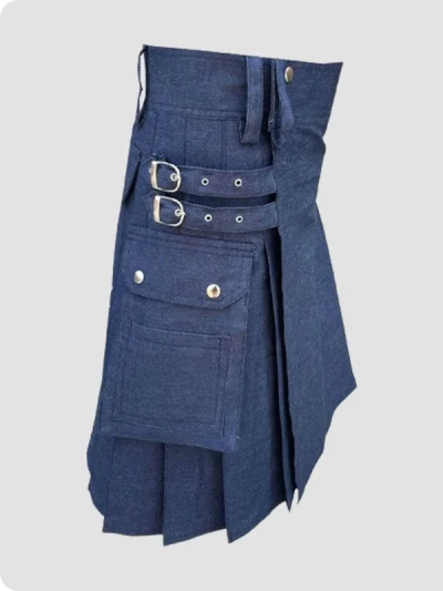 Custom Made Blue Scottish Denim Kilt Side