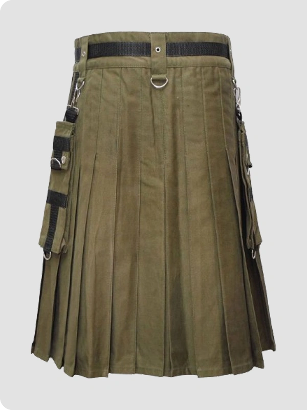 Custom Made Cotton Olive Green Utility Kilt Back