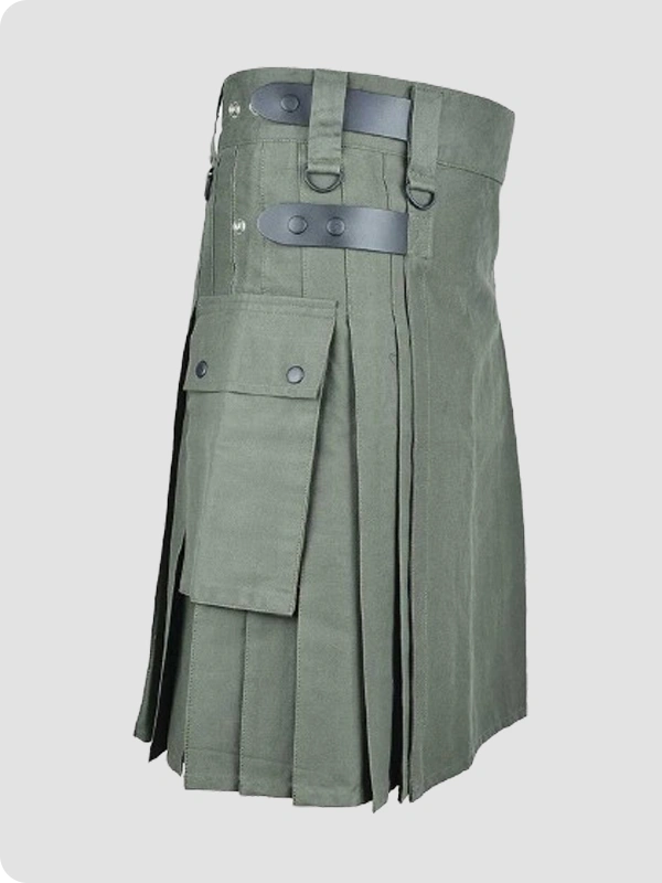 Custom Made Olive Green Cotton Utility Kilt Side