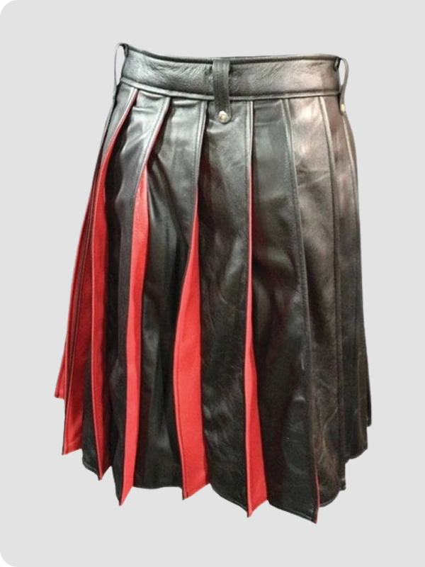 Custom Made Pleated Black & Red Leather Kilt Back