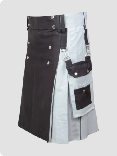 Custom Made Scottish Black And Gray Cotton Hybrid Kilt Side