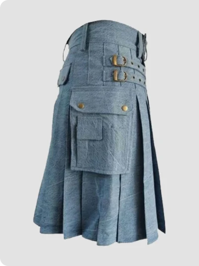 Custom Made Sky Blue Denim Kilt Side