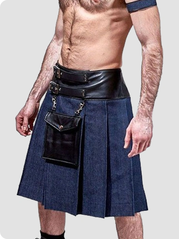 Custom Made Stylish Leather Denim Kilt Side