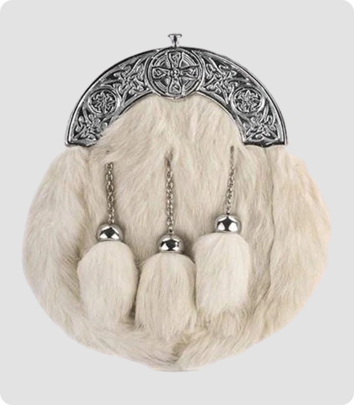 Full Dress Chrome White Rabbit Fur Celtic Cross Sporran