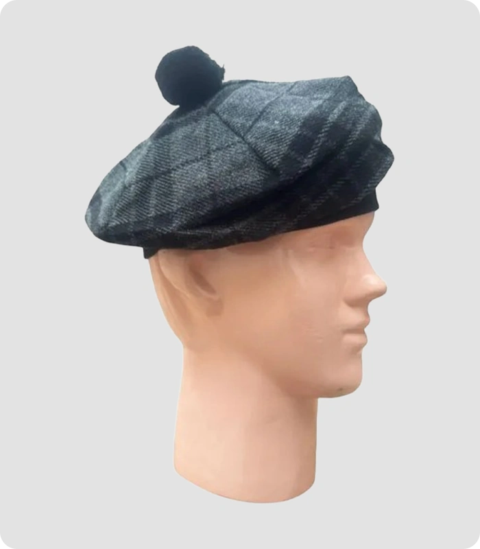 Handmade Grey Night Tartan Tam o Shanter Hat
