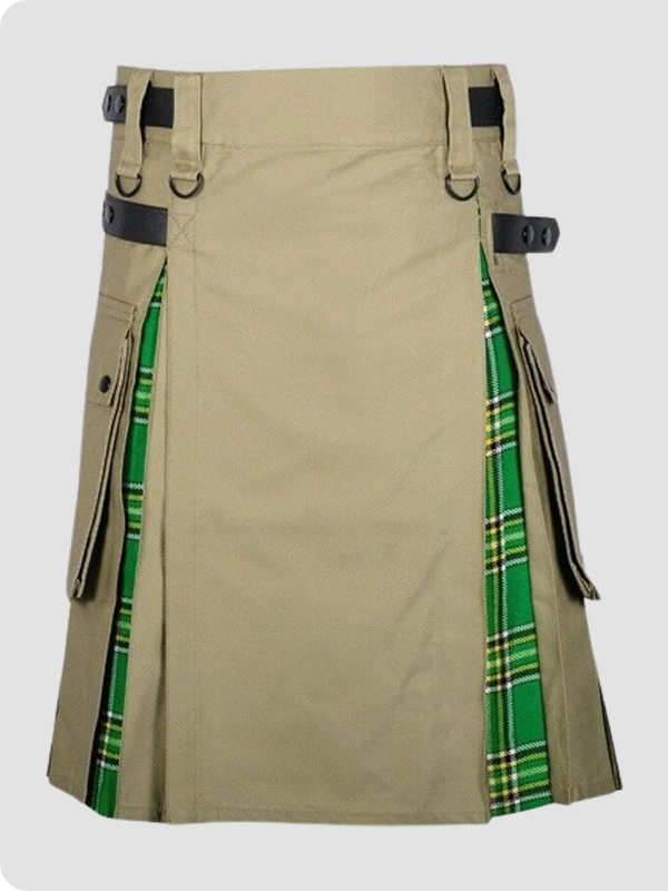 Khaki Cotton Irish Tartan Scottish Utility Cargo Hybrid Kilt